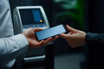 Hand holding smartphone near contactless payment terminal displaying options for transaction
