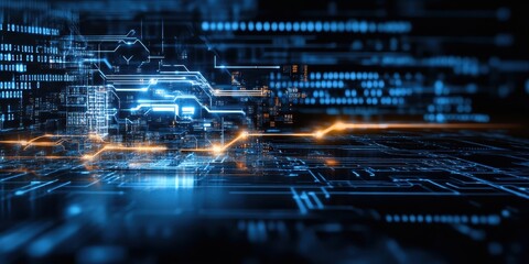 Naklejka premium Digital technology, binary code stream, glowing blue data, futuristic interface, abstract cyber landscape, information flow, network connections, technological background, digital transformation, data
