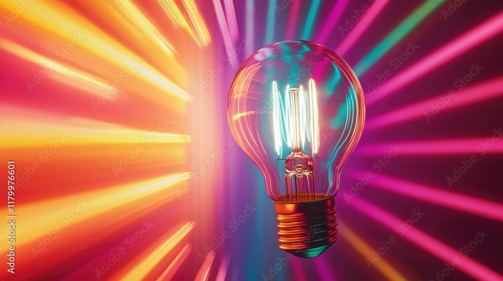 Poster a vibrant image of a light bulb with colorful rays extending outward, symbolizing a burst of creativ