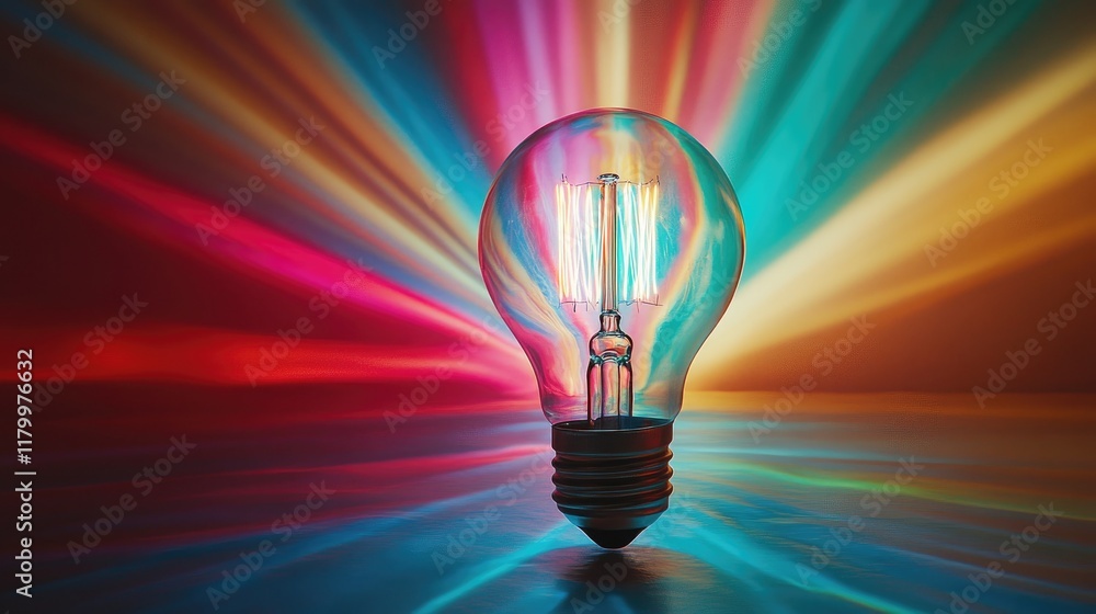 Poster a vibrant image of a light bulb with colorful rays extending outward, symbolizing a burst of creativ
