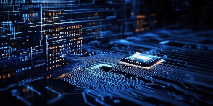 Digital technology, binary code stream, glowing blue data, futuristic interface, abstract cyber landscape, information flow, network connections, technological background, digital transformation, data