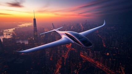 airplane with advanced aerodynamic design gliding above a city skyline illuminated by the glow of a setting sun