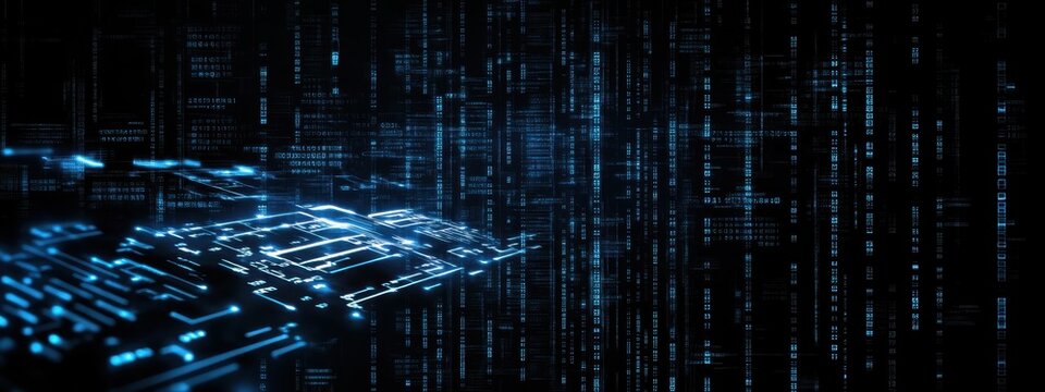 Digital technology, binary code stream, glowing blue data, futuristic interface, abstract cyber landscape, information flow, network connections, technological background, digital transformation, data