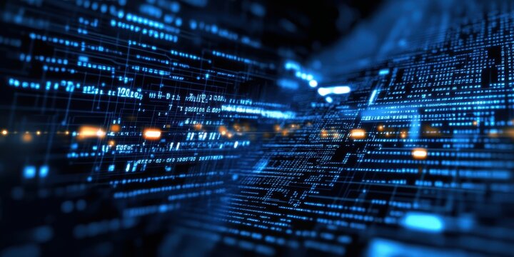 Digital technology, binary code stream, glowing blue data, futuristic interface, abstract cyber landscape, information flow, network connections, technological background, digital transformation, data