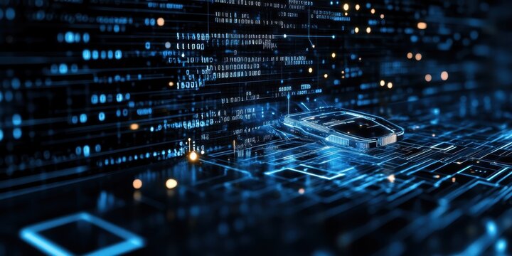 Digital technology, binary code stream, glowing blue data, futuristic interface, abstract cyber landscape, information flow, network connections, technological background, digital transformation, data