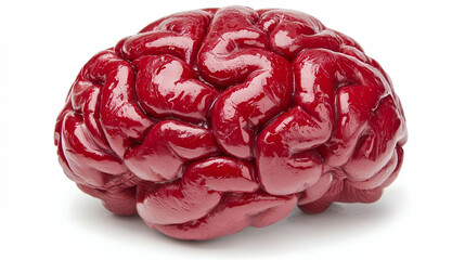 A realistic depiction of a red brain, highlighting its intricate folds and textures, often associated with neurological themes or artistic representations.