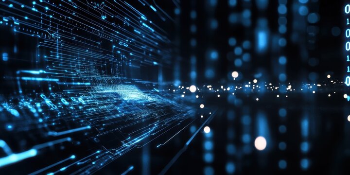 Digital technology, binary code stream, glowing blue data, futuristic interface, abstract cyber landscape, information flow, network connections, technological background, digital transformation, data