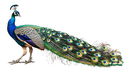 Obraz premium Elegant Peacock Spread on white background PNG.