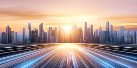 A city skyline at sunset with light trails leading towards it, emphasizing the vibrant colors and modern architecture. Concept City Skyline Sunset, Light Trails, Vibrant Colors, Modern Architecture