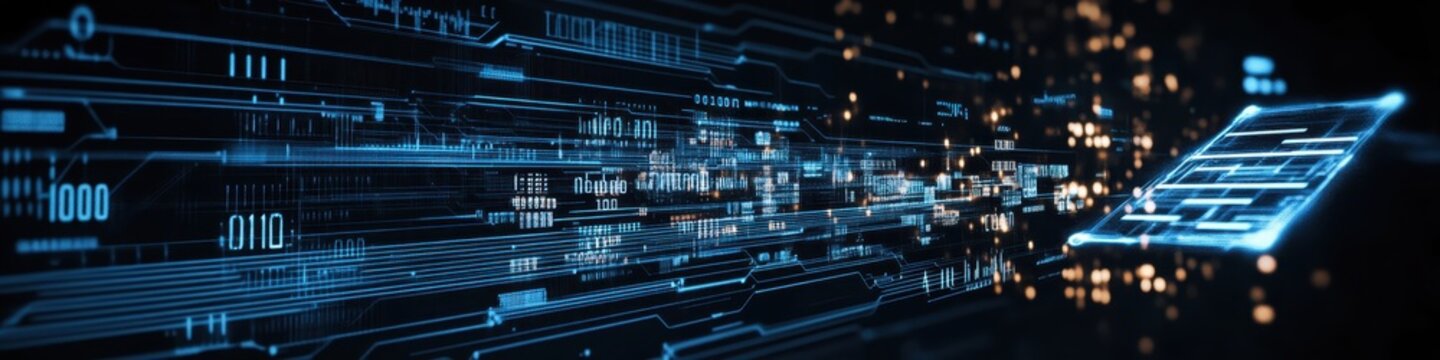 Digital technology, binary code stream, glowing blue data, futuristic interface, abstract cyber landscape, information flow, network connections, technological background, digital transformation, data