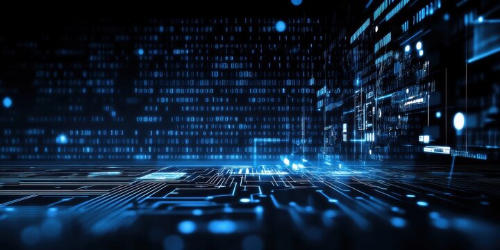 Digital technology, binary code stream, glowing blue data, futuristic interface, abstract cyber landscape, information flow, network connections, technological background, digital transformation, data