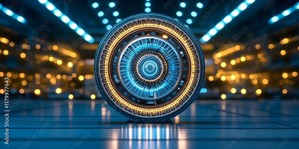 Poster a futuristic, illuminated circular device with intricate mechanical details, set against a backdrop 