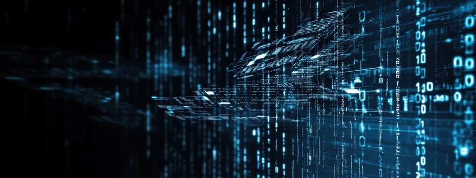 Digital technology, binary code stream, glowing blue data, futuristic interface, abstract cyber landscape, information flow, network connections, technological background, digital transformation, data