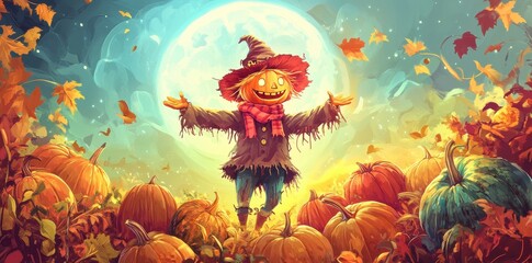 Fototapeta premium A cheerful pumpkin scarecrow stands in a pumpkin patch