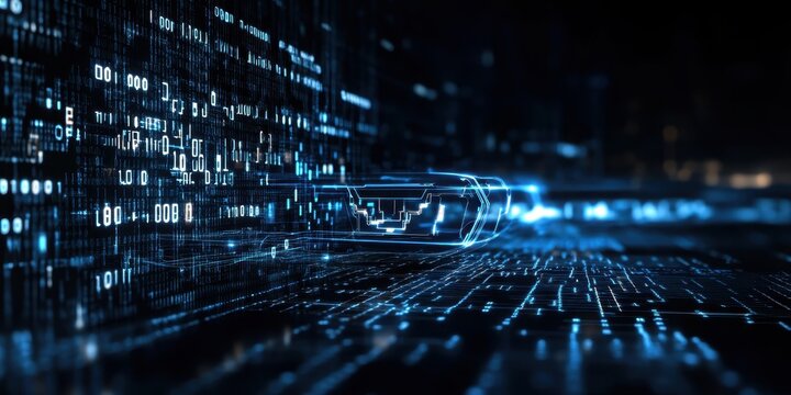 Digital technology, binary code stream, glowing blue data, futuristic interface, abstract cyber landscape, information flow, network connections, technological background, digital transformation, data
