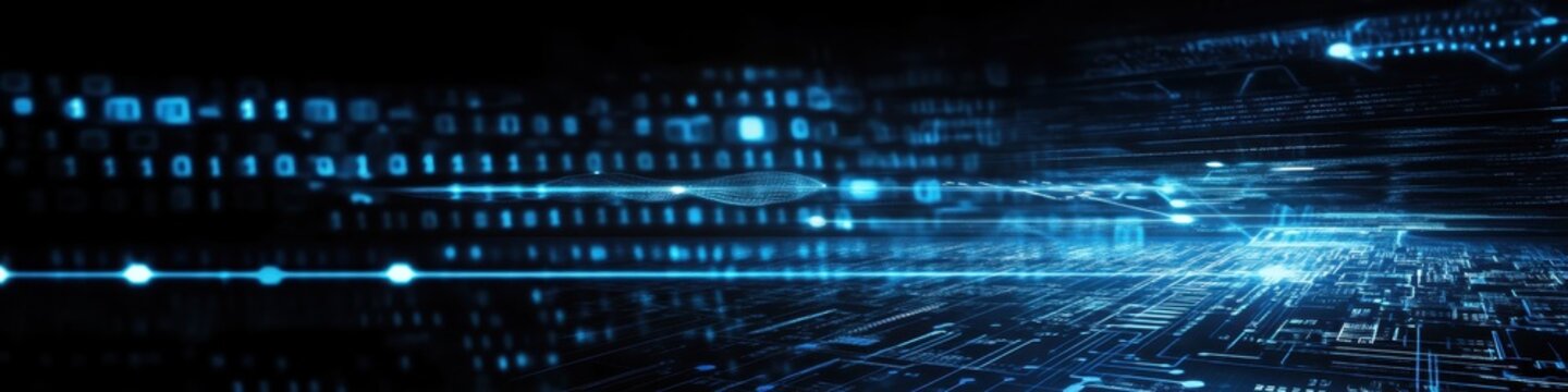 Digital technology, binary code stream, glowing blue data, futuristic interface, abstract cyber landscape, information flow, network connections, technological background, digital transformation, data