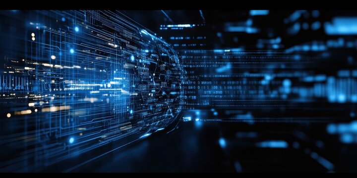 Digital technology, binary code stream, glowing blue data, futuristic interface, abstract cyber landscape, information flow, network connections, technological background, digital transformation, data