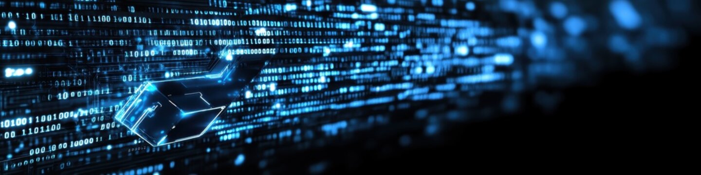 Digital technology, binary code stream, glowing blue data, futuristic interface, abstract cyber landscape, information flow, network connections, technological background, digital transformation, data