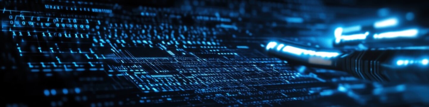 Digital technology, binary code stream, glowing blue data, futuristic interface, abstract cyber landscape, information flow, network connections, technological background, digital transformation, data