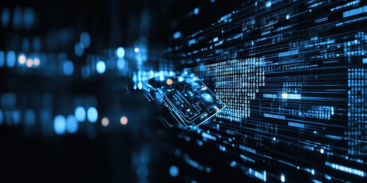 Digital technology, binary code stream, glowing blue data, futuristic interface, abstract cyber landscape, information flow, network connections, technological background, digital transformation, data