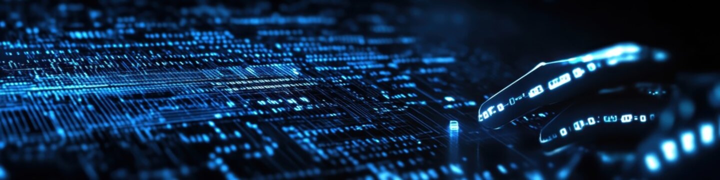 Digital technology, binary code stream, glowing blue data, futuristic interface, abstract cyber landscape, information flow, network connections, technological background, digital transformation, data