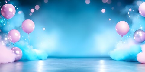 A vibrant background with pastel balloons, soft clouds, and glowing lights, creating a festive and celebratory atmosphere. Concept Vibrant Background, Pastel Balloons, Soft Clouds, Glowing Lights