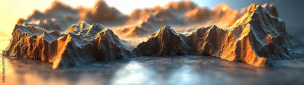Wall mural a stunning 3d rendering of rugged mountains illuminated by golden light, reflecting in a calm body o