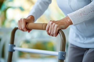 Senior woman using a walking frame at home during her daily activities in a comfortable setting