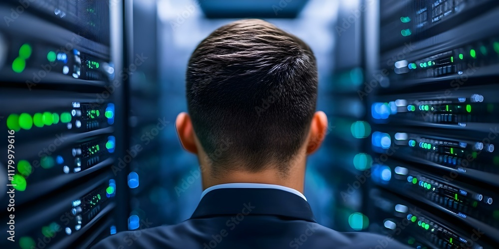 Poster a person in a suit stands in a server room, surrounded by rows of servers displaying blue and green 