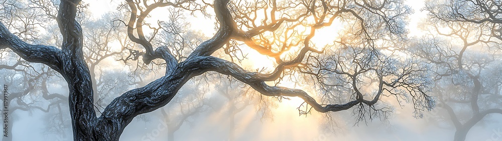 Poster a serene landscape featuring a majestic tree with intricate branches, illuminated by soft sunlight f