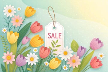 Vibrant spring sale design with tulips, daisies, and bold 'SALE' text on pastel gradient background