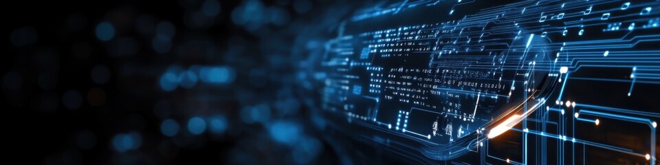 Digital technology, binary code stream, glowing blue data, futuristic interface, abstract cyber landscape, information flow, network connections, technological background, digital transformation, data