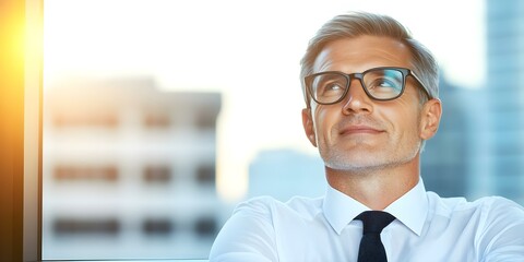 Naklejka premium A man in a white shirt and glasses is looking thoughtfully out of a window, with a cityscape in the background. Concept Contemplative Moment, Urban View, Man in Glasses, Cityscape Reflection