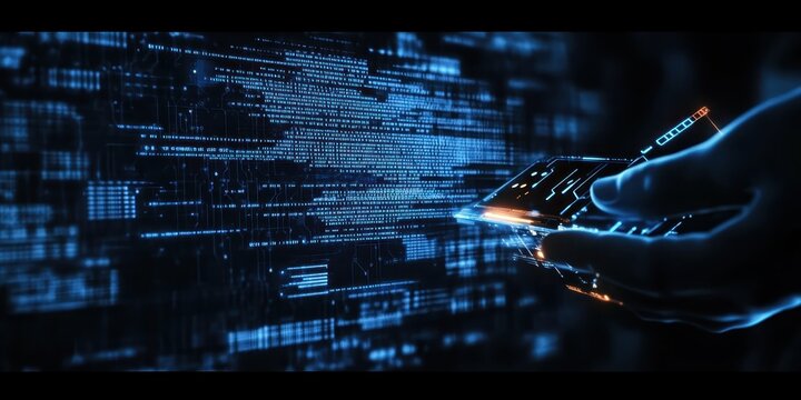 Digital technology, binary code stream, glowing blue data, futuristic interface, abstract cyber landscape, information flow, network connections, technological background, digital transformation, data