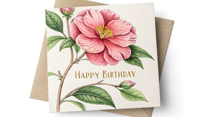 Elegant card featuring hand-drawn pink flower and green leaves, birthday greeting in watercolor style