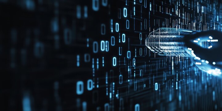 Digital technology, binary code stream, glowing blue data, futuristic interface, abstract cyber landscape, information flow, network connections, technological background, digital transformation, data