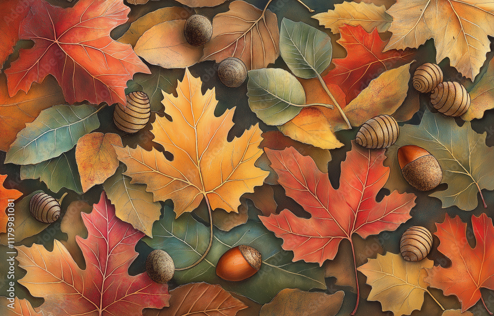 Poster a close-up of colorful autumn leaves and acorns scattered on the ground, creating an enchanting fall