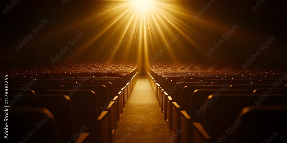 Poster a dimly lit theater with rows of empty seats, illuminated by a beam of light shining from the back, 