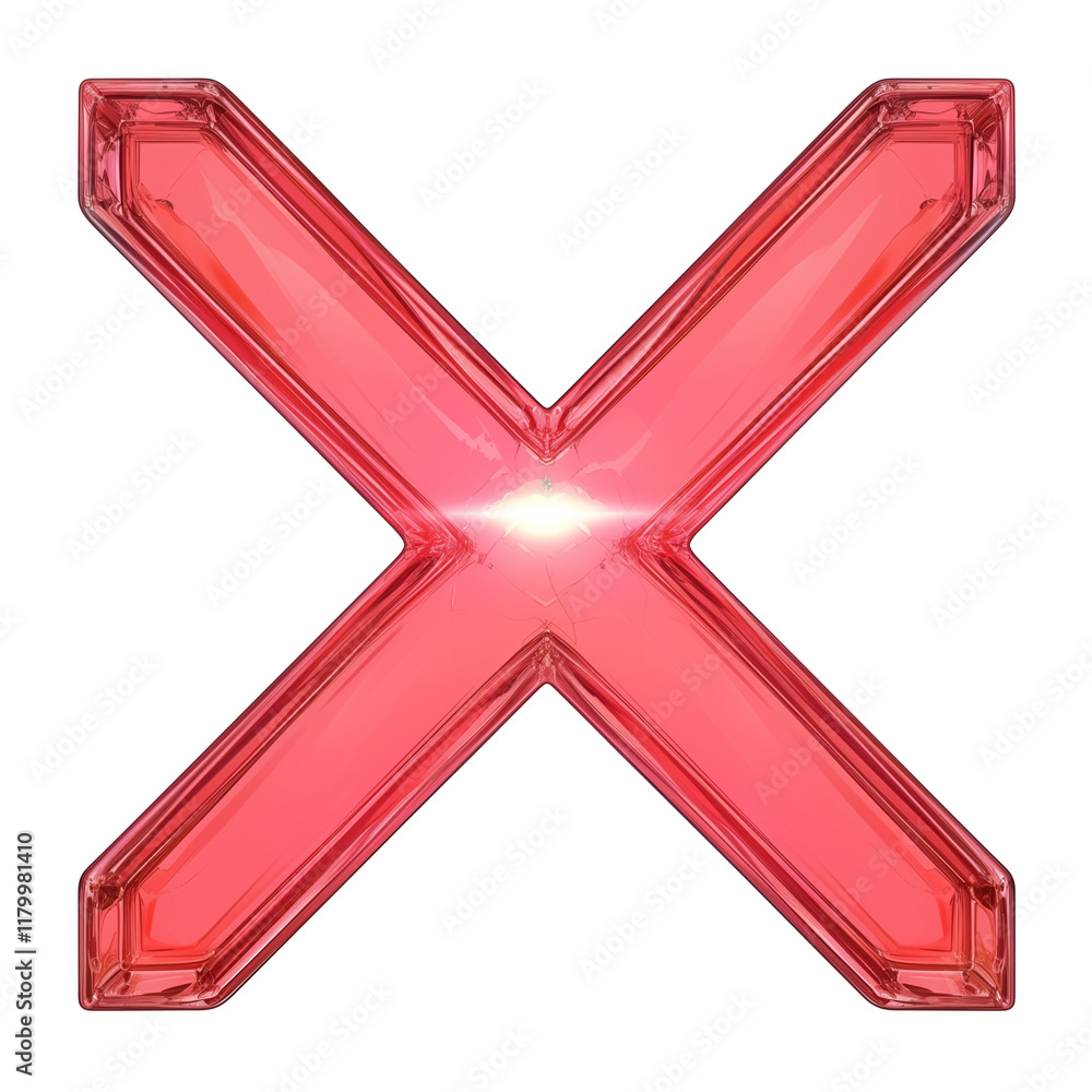 Poster glowing maroon x mark with reflective surface, isolated on transparency background, symbolizing erro
