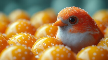 A small bird is sitting on top of a pile of oranges
