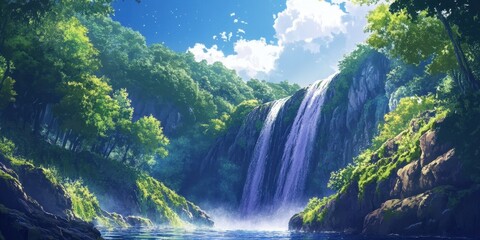 Fototapeta premium Serene Waterfall Cascading Through Lush Green Forest