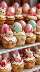 Easter dessert table filled with delightful treats including bunny-shaped cupcakes, egg-decorated cookies, and floral cakes for festive celebrations