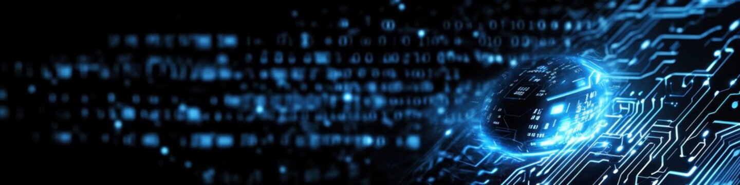 Digital technology, binary code stream, glowing blue data, futuristic interface, abstract cyber landscape, information flow, network connections, technological background, digital transformation, data