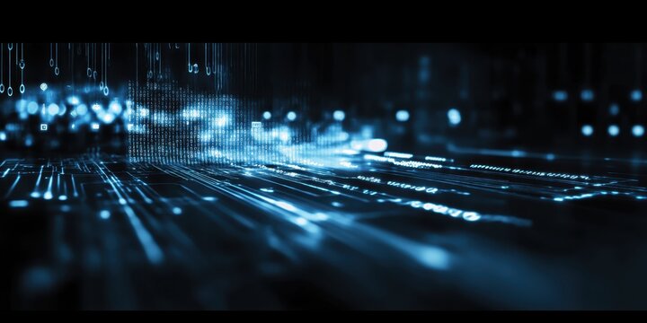 Digital technology, binary code stream, glowing blue data, futuristic interface, abstract cyber landscape, information flow, network connections, technological background, digital transformation, data