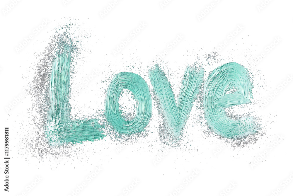 Poster Mint green Love text painted with soft strokes and surrounded by textured powder effect on transparency background, creating minimal and artistic design