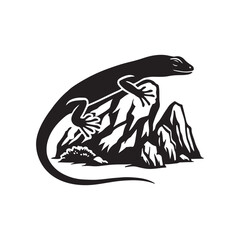Lizard on a rock silhouette vector liner art illustration black color design and solid white background