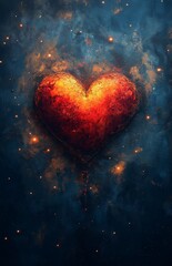 A glowing red heart with sparkles, floating in a starry night, surrounded by warm light.