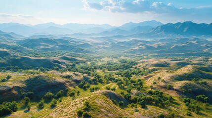 Fototapeta premium Serene Rolling Hills Landscape Breathtaking Mountain View Sunny Day Nature Scenery