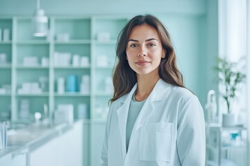 Fototapeta premium Woman doctor in lab coat standing confidently in minimalist clinic