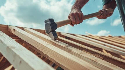 Carpenter's Hammer Striking Wood: A Rustic Construction Scene